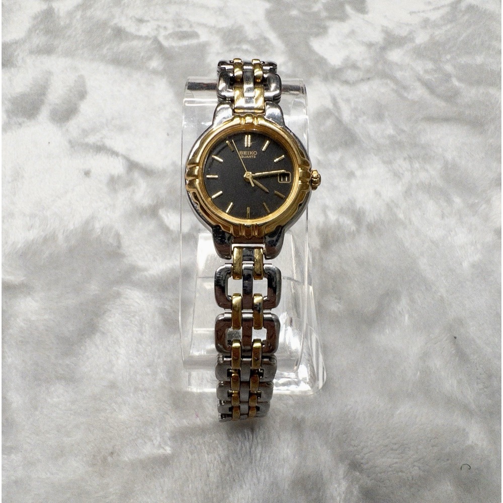 Seiko Womens 23mm Watch Black Dial Two Tone Date Round 7N82-6C20 New Battery